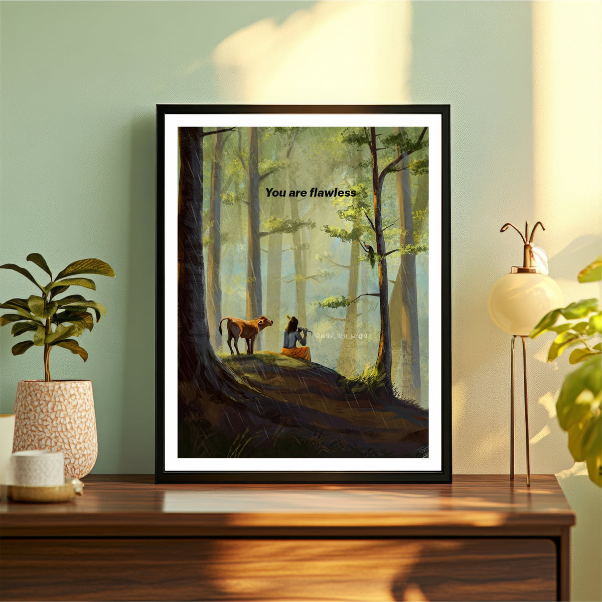 Lord Krishna Forest Wall Art | Divine Flute Meditation Painting | Hindu Religious Wall Decor | Premium HD Framed Artwork