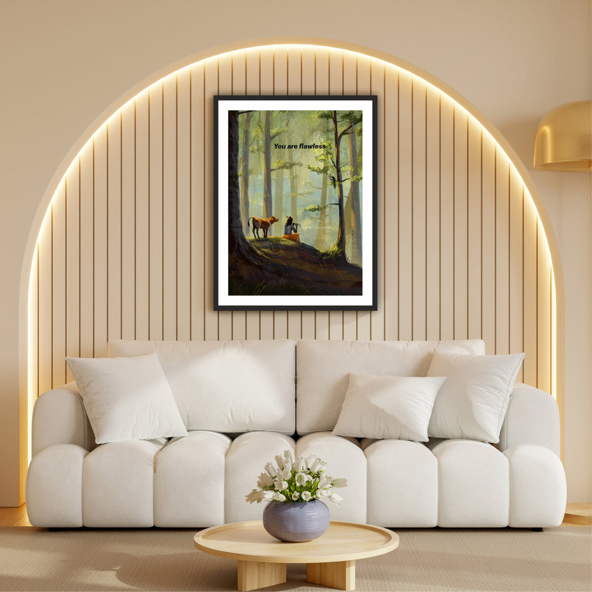 Lord Krishna Forest Wall Art | Divine Flute Meditation Painting | Hindu Religious Wall Decor | Premium HD Framed Artwork