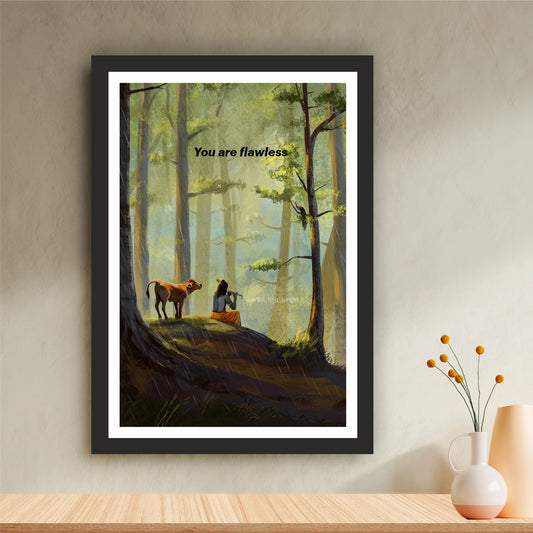 Lord Krishna Forest Wall Art | Divine Flute Meditation Painting | Hindu Religious Wall Decor | Premium HD Framed Artwork