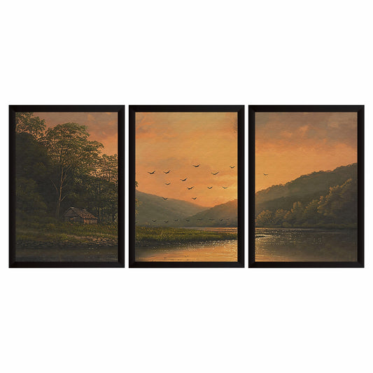 Vintage Sunset Lake Landscape Wall Art Set of 3 – Mountain Forest Scenic Nature Poster Prints