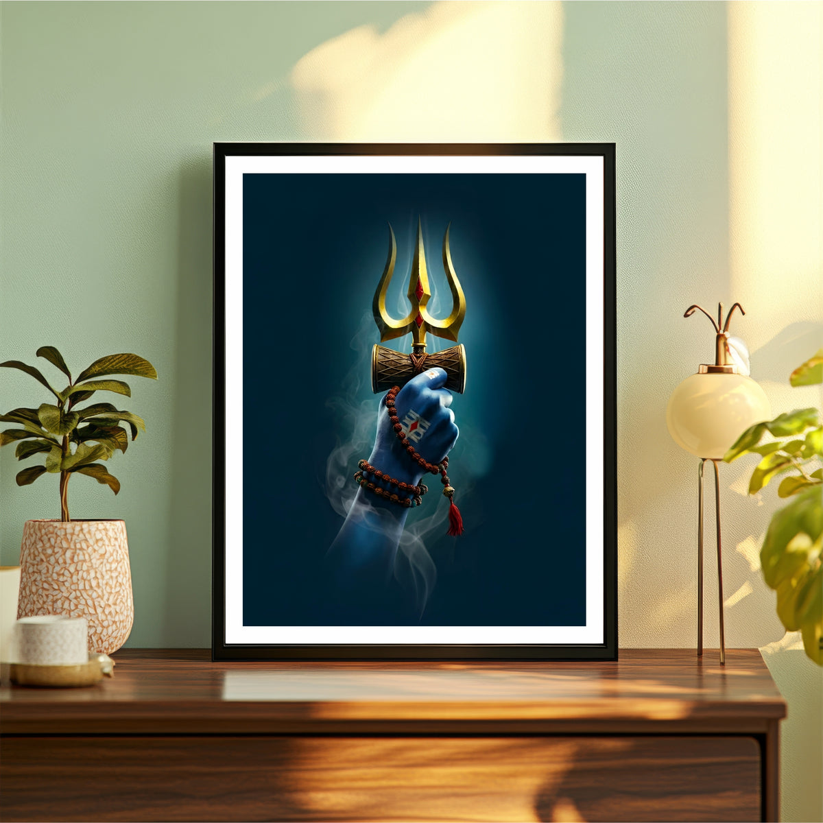 Lord Shiva Trishul & Damru Wall Art | Mahadev Divine Symbol Painting | Hindu Religious Wall Decor | Premium HD Framed Artwork