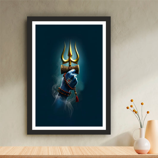 Lord Shiva Trishul & Damru Wall Art | Mahadev Divine Symbol Painting | Hindu Religious Wall Decor | Premium HD Framed Artwork