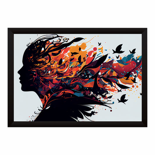 Abstract Woman Silhouette Wall Art | Colorful Birds & Floral Explosion Artwork