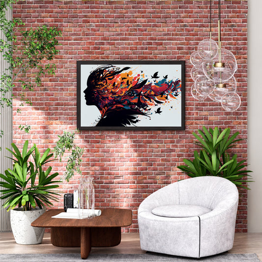 Abstract Woman Silhouette Wall Art | Colorful Birds & Floral Explosion Artwork