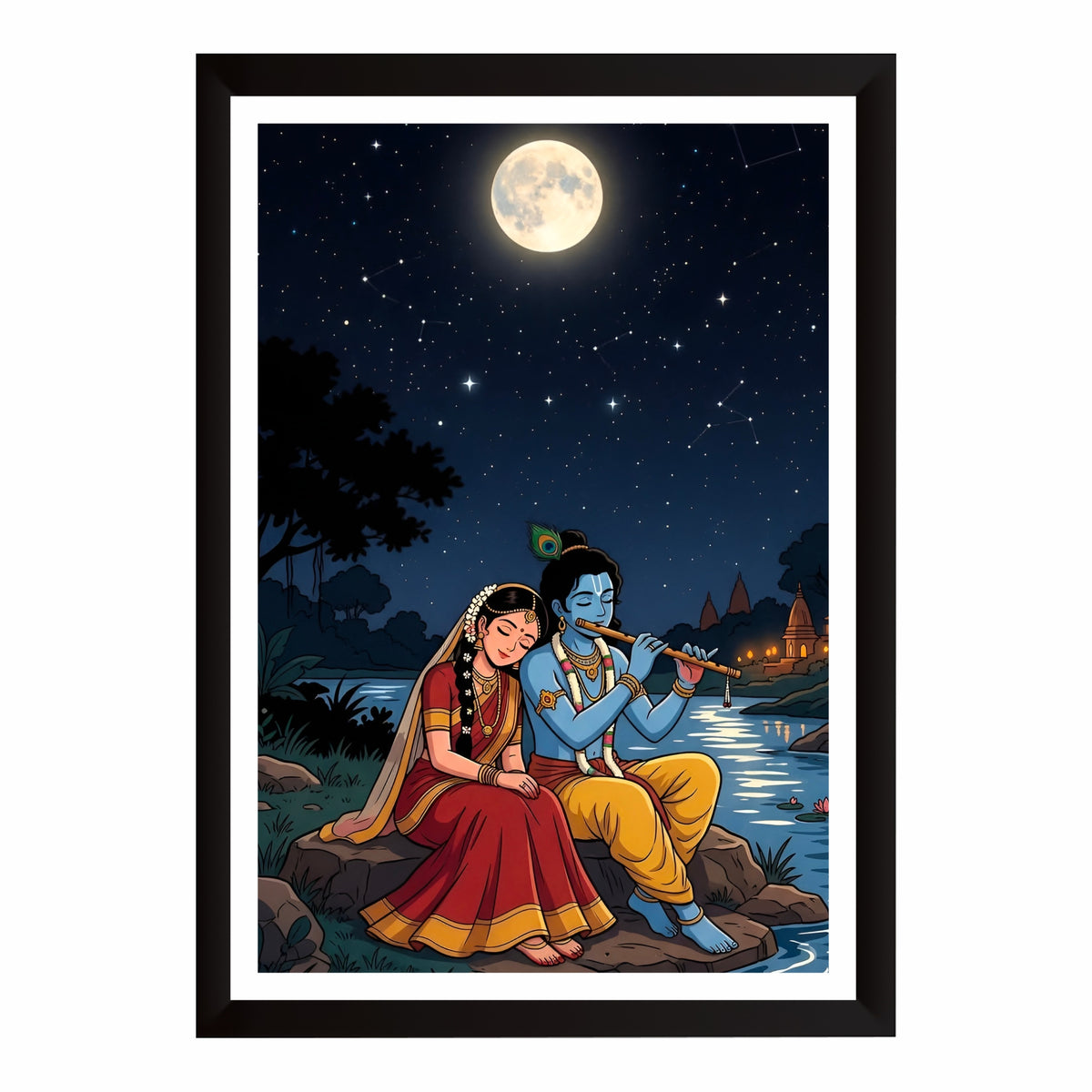 Radha Krishna Moonlight Wall Art | Romantic Divine Love Painting | Hindu Religious Wall Decor | Premium HD Framed Artwork