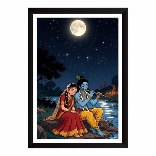Radha Krishna Moonlight Wall Art | Romantic Divine Love Painting | Hindu Religious Wall Decor | Premium HD Framed Artwork