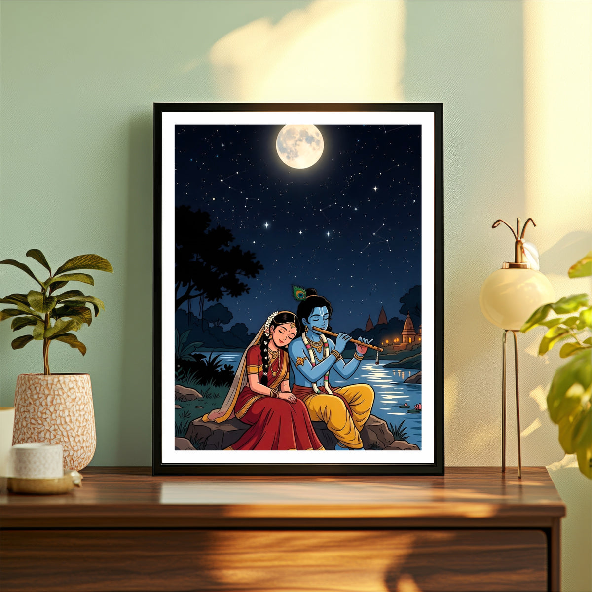 Radha Krishna Moonlight Wall Art | Romantic Divine Love Painting | Hindu Religious Wall Decor | Premium HD Framed Artwork