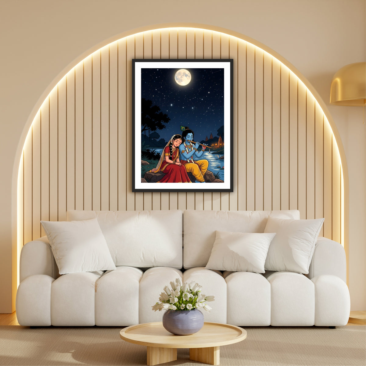 Radha Krishna Moonlight Wall Art | Romantic Divine Love Painting | Hindu Religious Wall Decor | Premium HD Framed Artwork