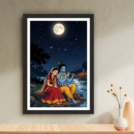 Radha Krishna Moonlight Wall Art | Romantic Divine Love Painting | Hindu Religious Wall Decor | Premium HD Framed Artwork