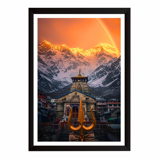 Kedarnath Temple Wall Art | Lord Shiva Jyotirlinga Himalayan Temple Painting | Hindu Religious Wall Decor | Premium HD Framed Artwork