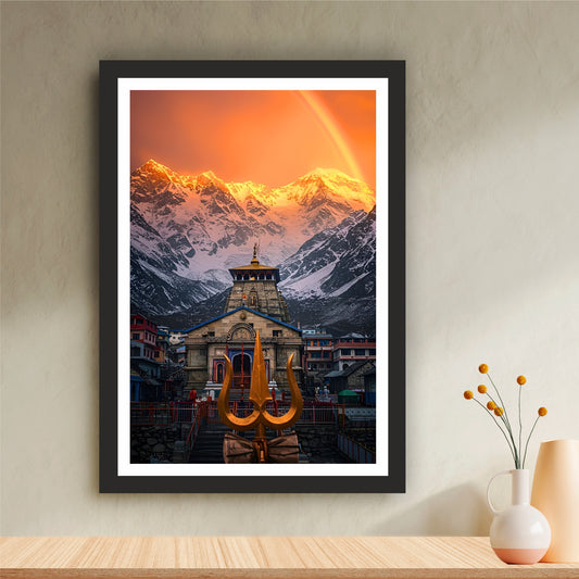 Kedarnath Temple Wall Art | Lord Shiva Jyotirlinga Himalayan Temple Painting | Hindu Religious Wall Decor | Premium HD Framed Artwork