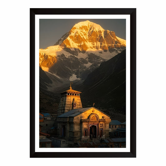 Kedarnath Temple Wall Art | Lord Shiva Himalayan Temple Painting | Sacred Kedarnath Dham Religious Wall Decor | Premium HD Framed Artwork