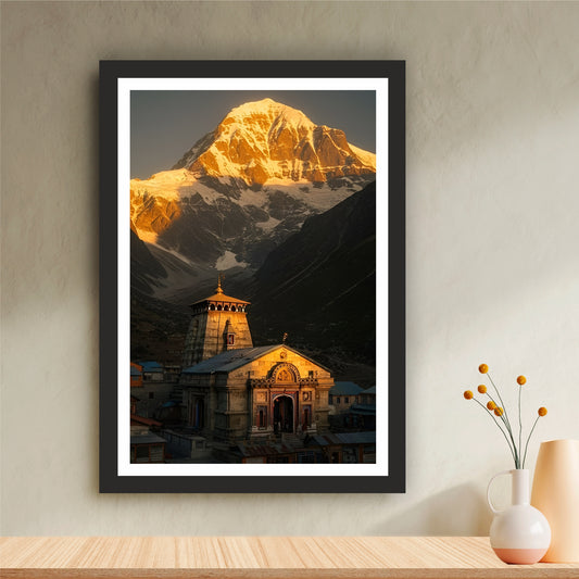 Kedarnath Temple Wall Art | Lord Shiva Himalayan Temple Painting | Sacred Kedarnath Dham Religious Wall Decor | Premium HD Framed Artwork