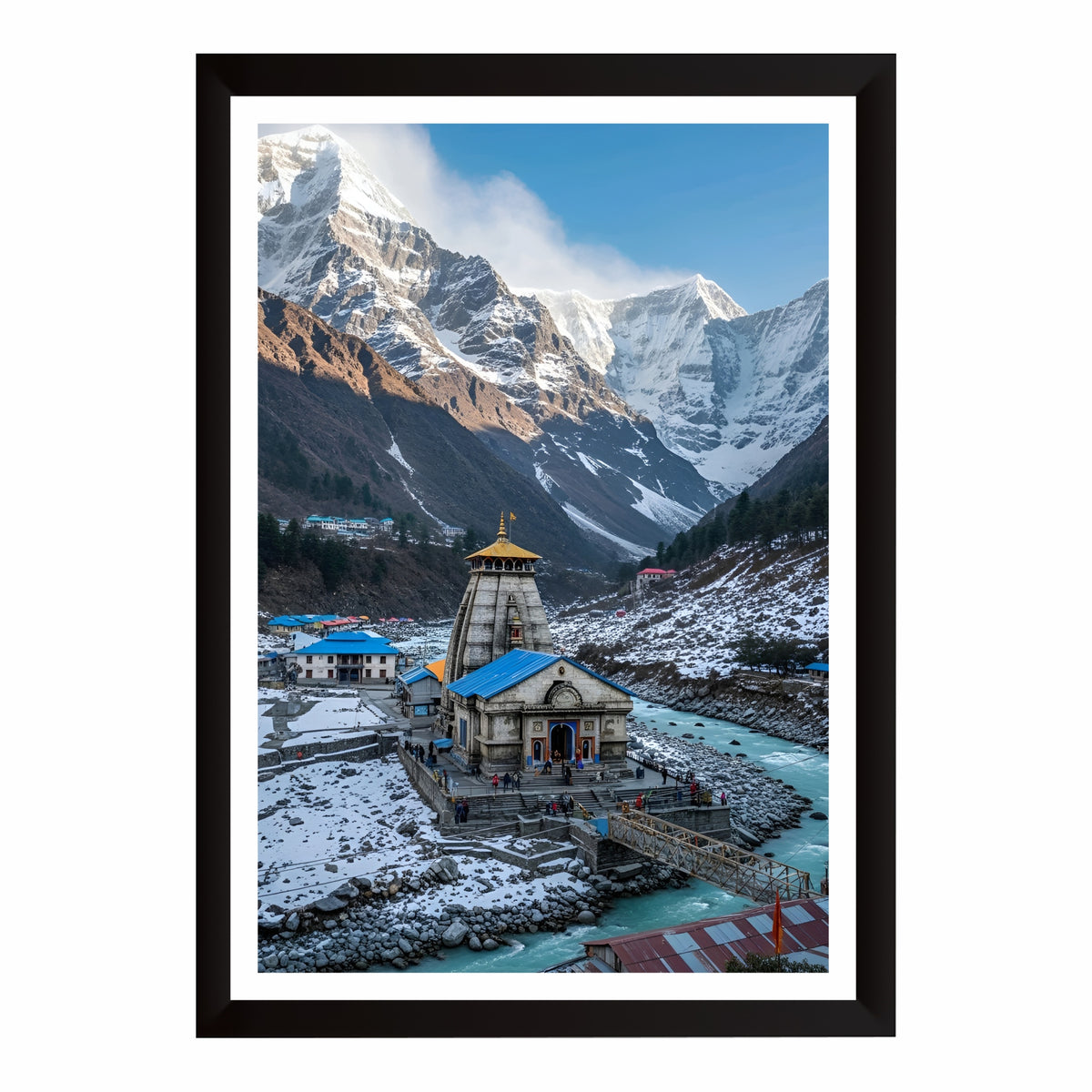 Kedarnath Temple Wall Art | Lord Shiva Himalayan Landscape Painting | Sacred Kedarnath Dham Religious Wall Decor | Premium HD Framed Artwork