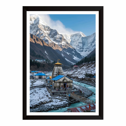 Kedarnath Temple Wall Art | Lord Shiva Himalayan Landscape Painting | Sacred Kedarnath Dham Religious Wall Decor | Premium HD Framed Artwork