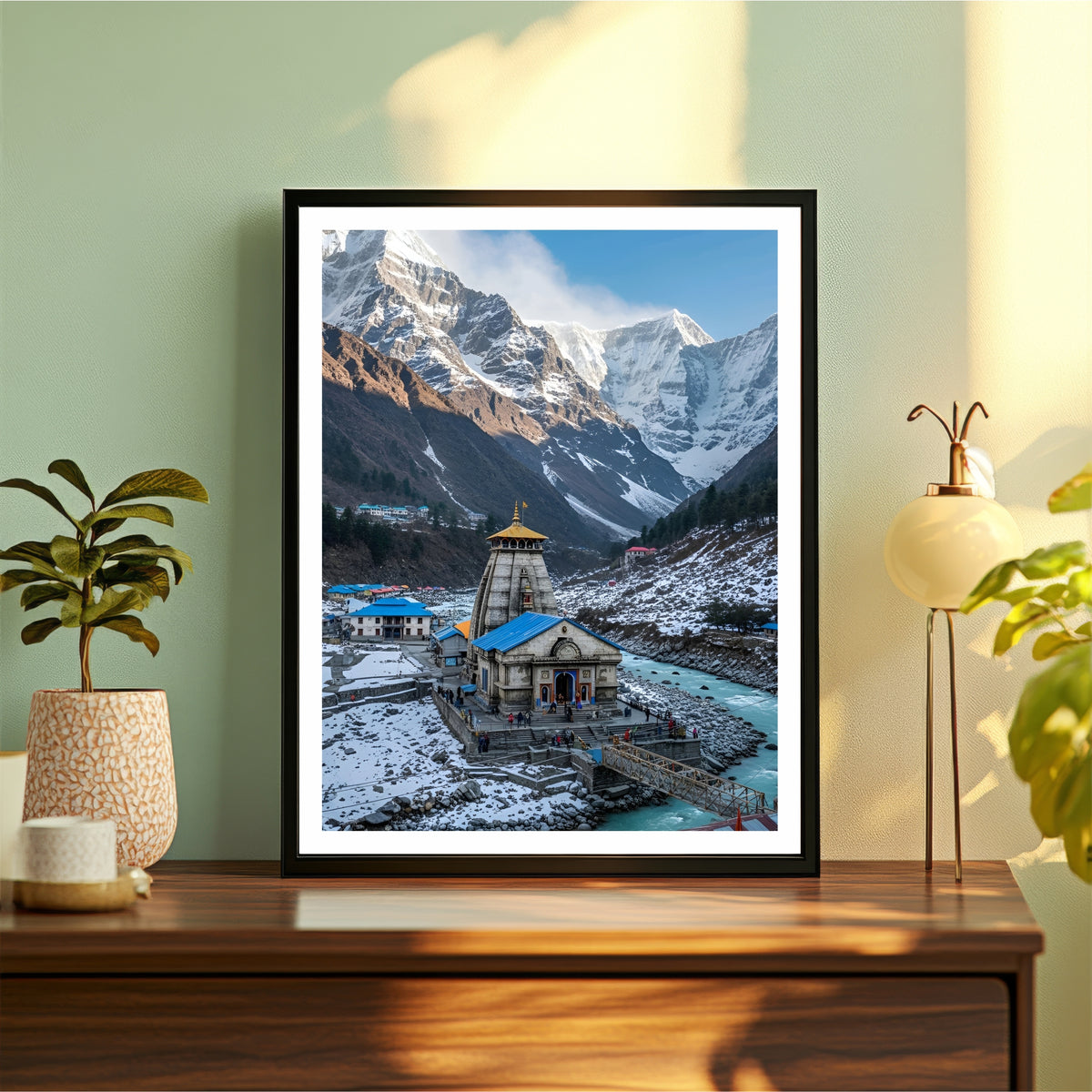 Kedarnath Temple Wall Art | Lord Shiva Himalayan Landscape Painting | Sacred Kedarnath Dham Religious Wall Decor | Premium HD Framed Artwork