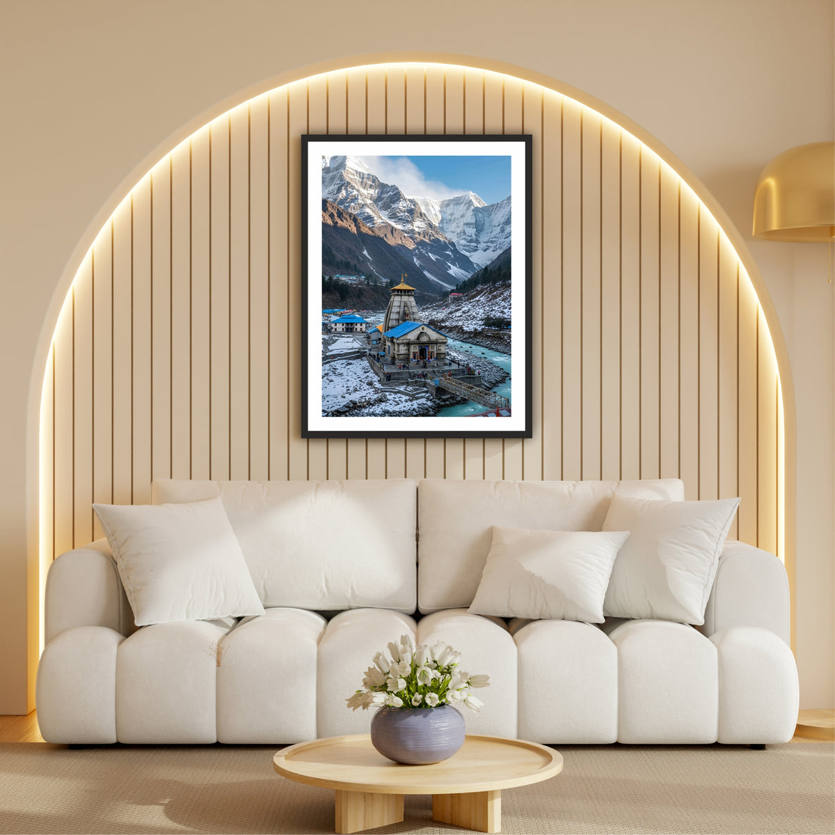 Kedarnath Temple Wall Art | Lord Shiva Himalayan Landscape Painting | Sacred Kedarnath Dham Religious Wall Decor | Premium HD Framed Artwork