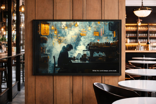 While the World Sleeps – Midnight Coffee Workspace Wall Art ☕🌙