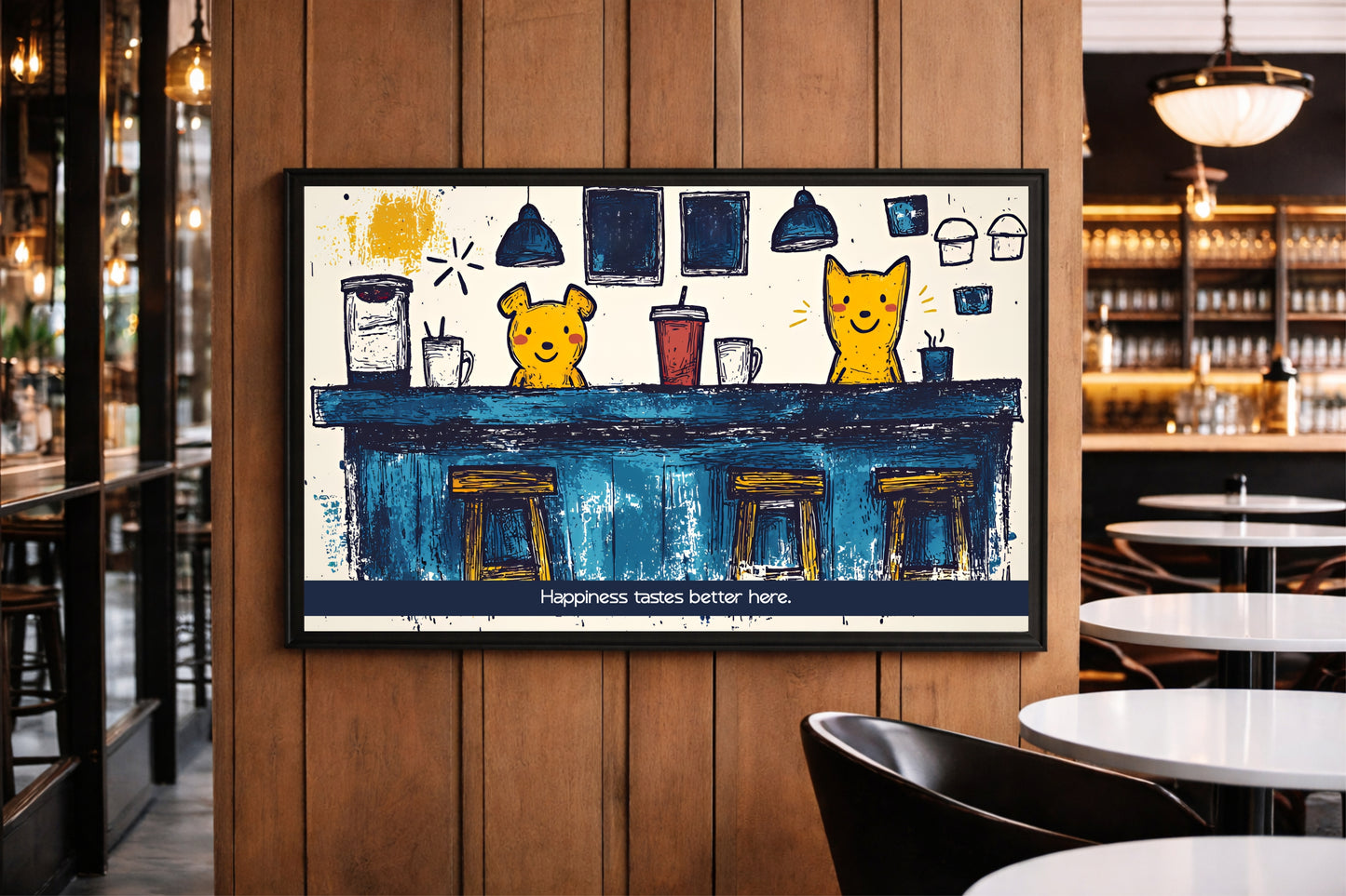 Happiness Tastes Better Here – Playful Café Wall Art ☕✨