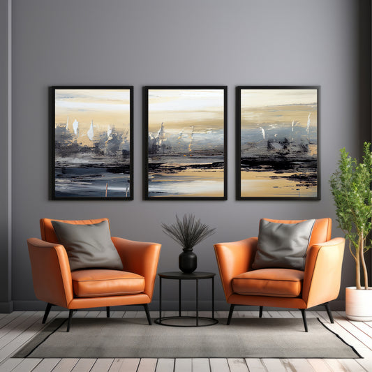 Abstract Coastal Landscape Wall Art Set of 3 – Neutral Ocean Waves & Modern Seascape Textured Poster Prints