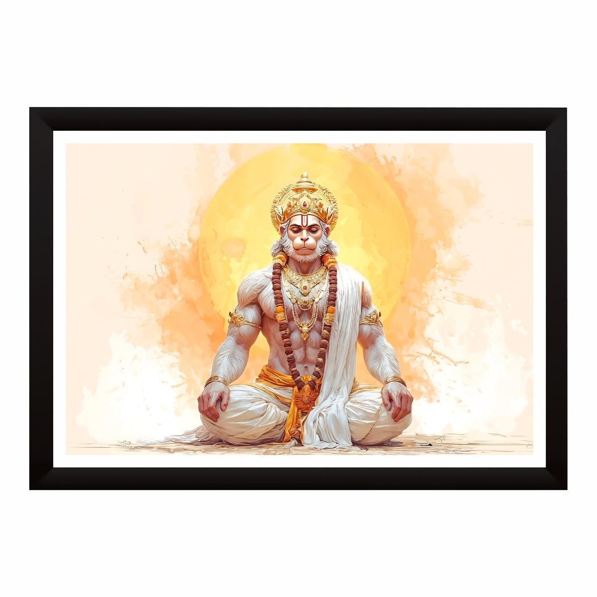 Meditating Lord Hanuman Wall Art | Bajrangbali Meditation Painting | Hindu Spiritual Wall Decor | Premium HD Framed Artwork