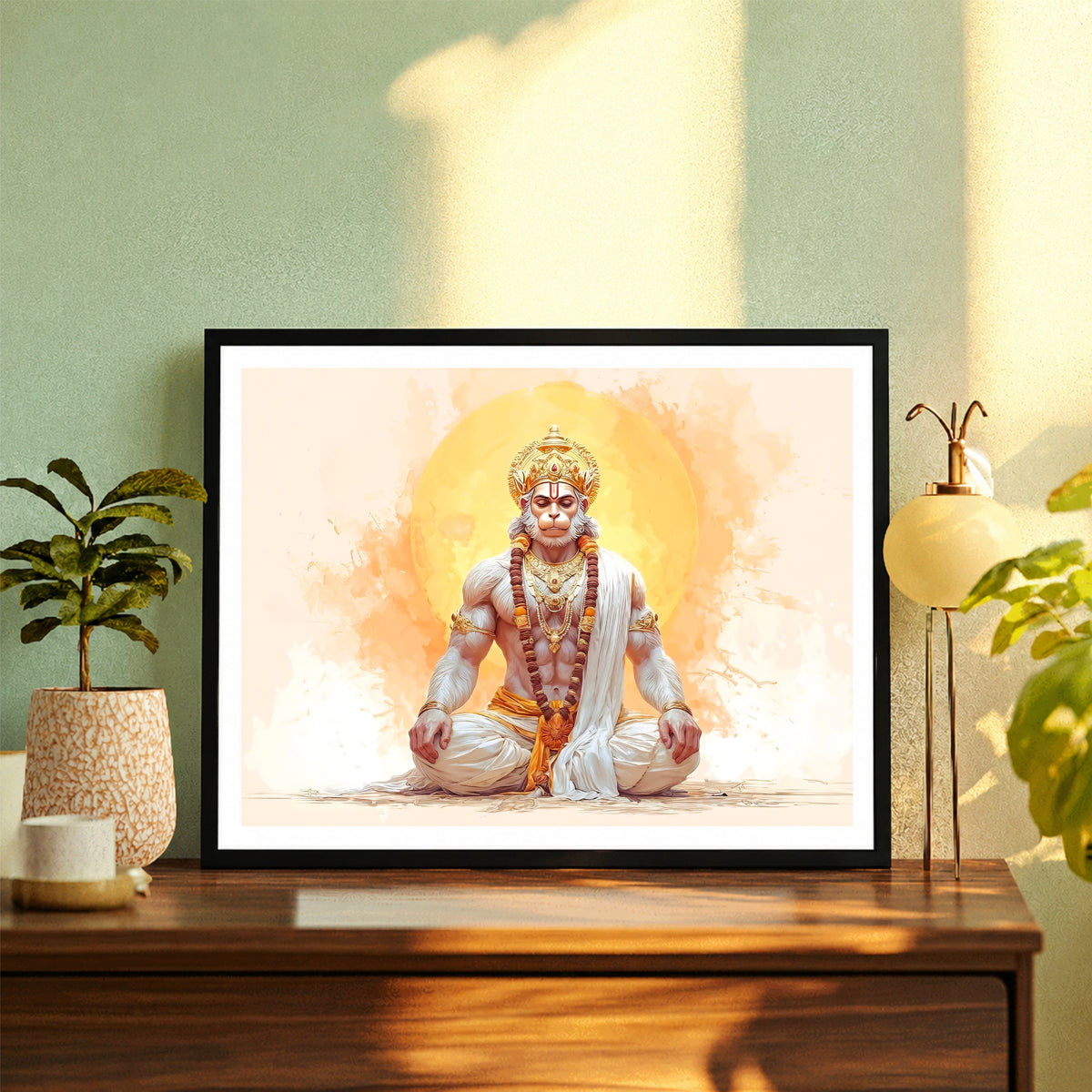 Meditating Lord Hanuman Wall Art | Bajrangbali Meditation Painting | Hindu Spiritual Wall Decor | Premium HD Framed Artwork