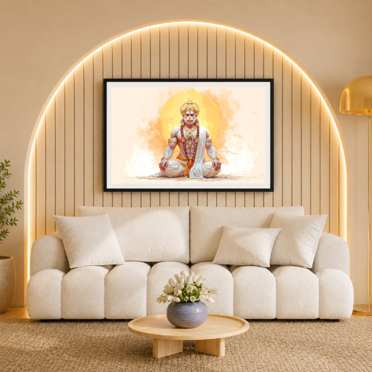 Meditating Lord Hanuman Wall Art | Bajrangbali Meditation Painting | Hindu Spiritual Wall Decor | Premium HD Framed Artwork