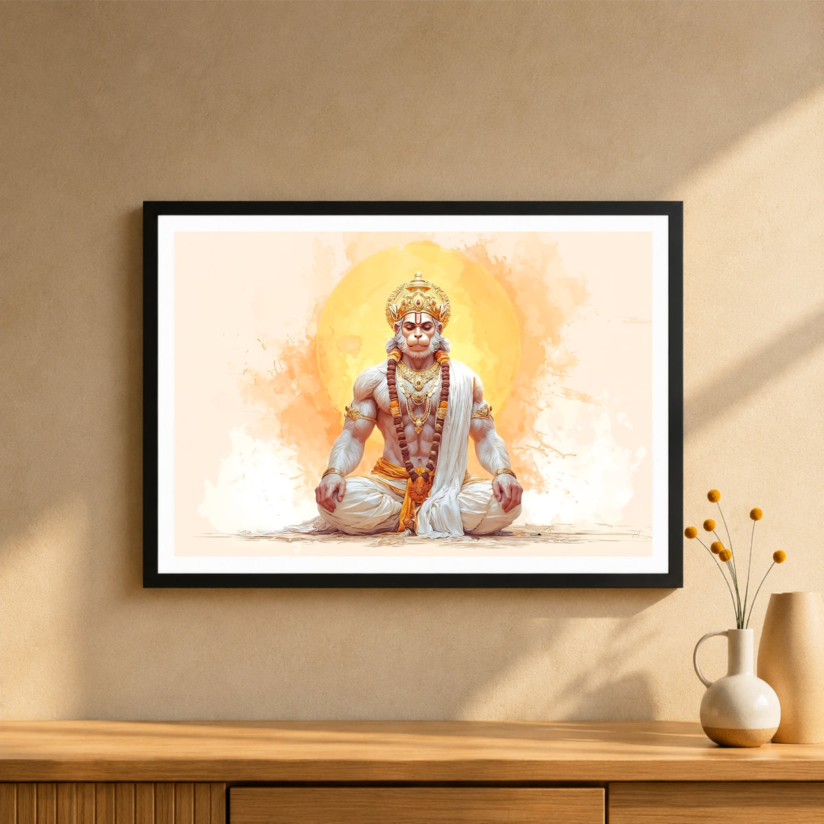 Meditating Lord Hanuman Wall Art | Bajrangbali Meditation Painting | Hindu Spiritual Wall Decor | Premium HD Framed Artwork