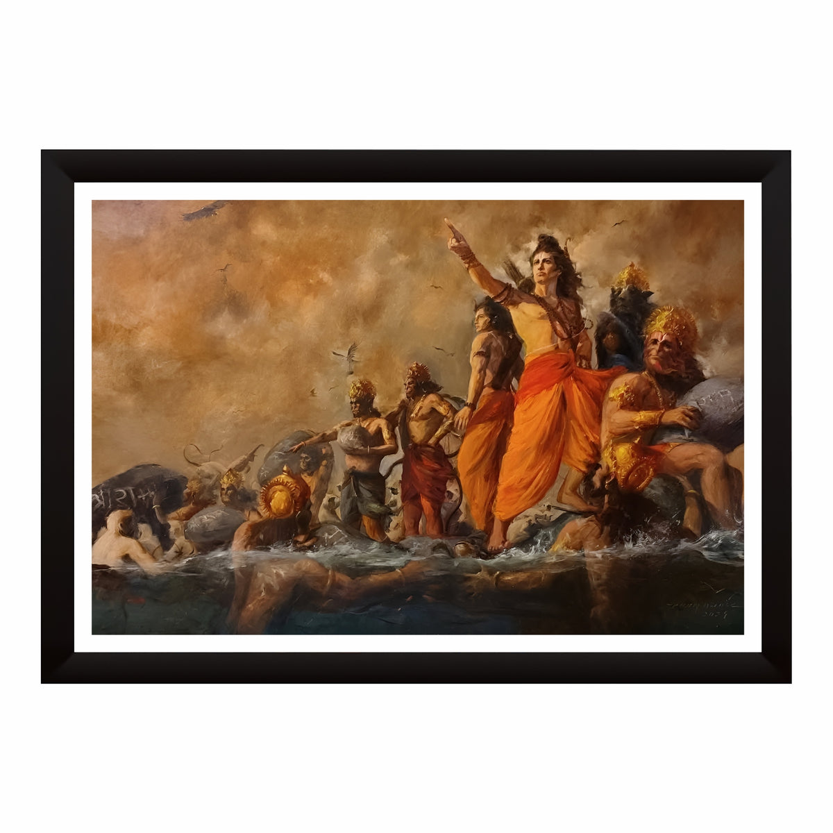 Lord Rama Ram Setu Nirman Wall Art | Shri Ram & Vanara Sena Painting | Hindu Religious Wall Decor | Premium HD Framed Artwork