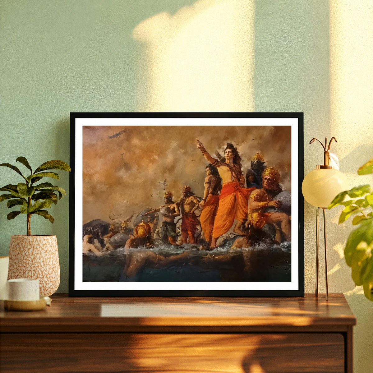 Lord Rama Ram Setu Nirman Wall Art | Shri Ram & Vanara Sena Painting | Hindu Religious Wall Decor | Premium HD Framed Artwork