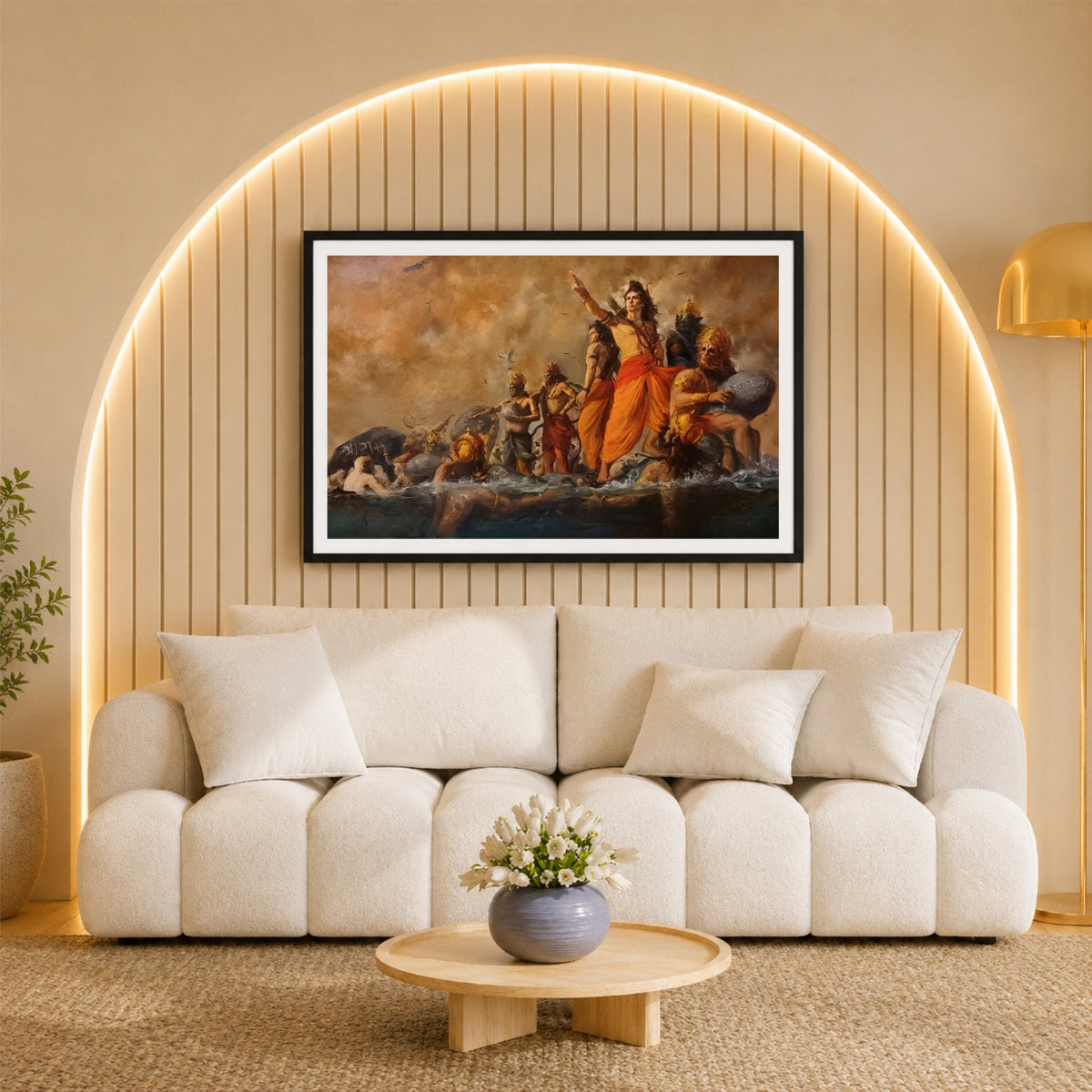 Lord Rama Ram Setu Nirman Wall Art | Shri Ram & Vanara Sena Painting | Hindu Religious Wall Decor | Premium HD Framed Artwork