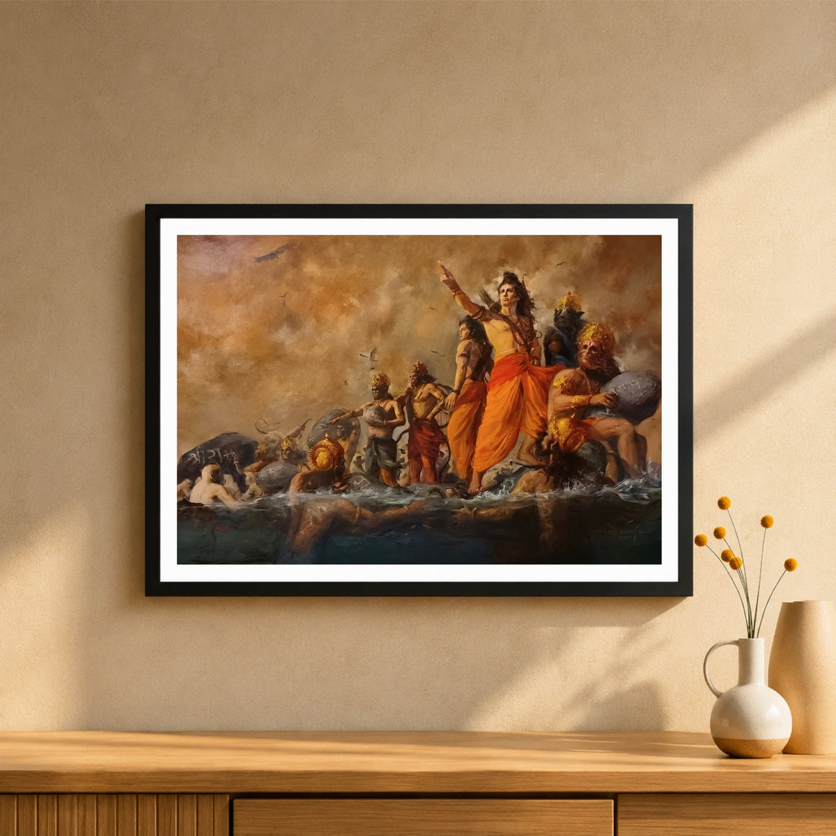 Lord Rama Ram Setu Nirman Wall Art | Shri Ram & Vanara Sena Painting | Hindu Religious Wall Decor | Premium HD Framed Artwork