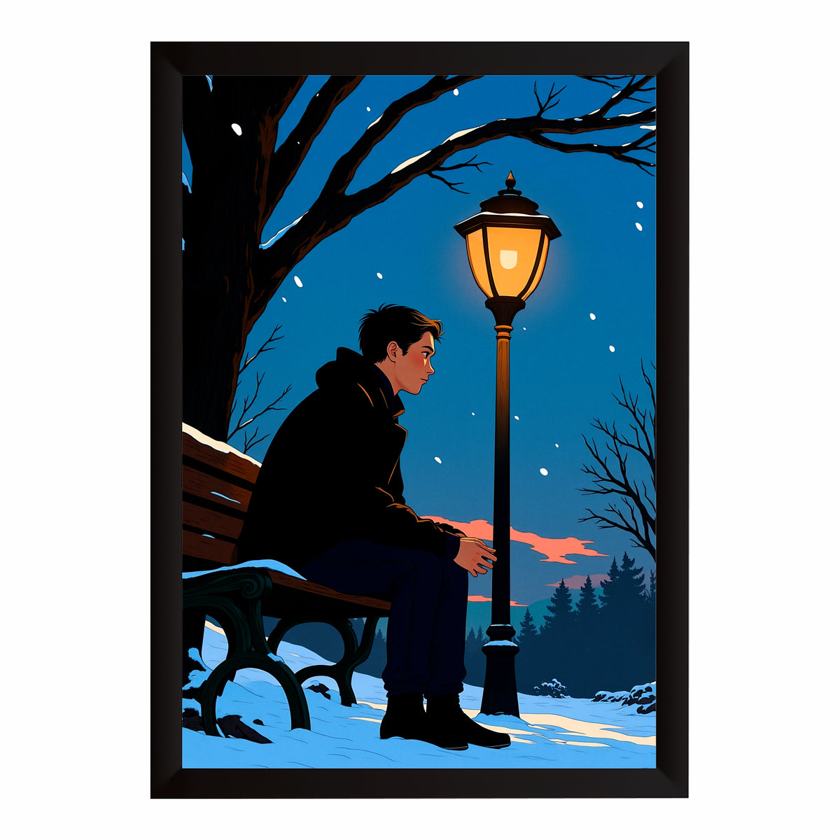 Lonely Winter Evening Wall Art | Man on Bench Under Street Lamp Artwork