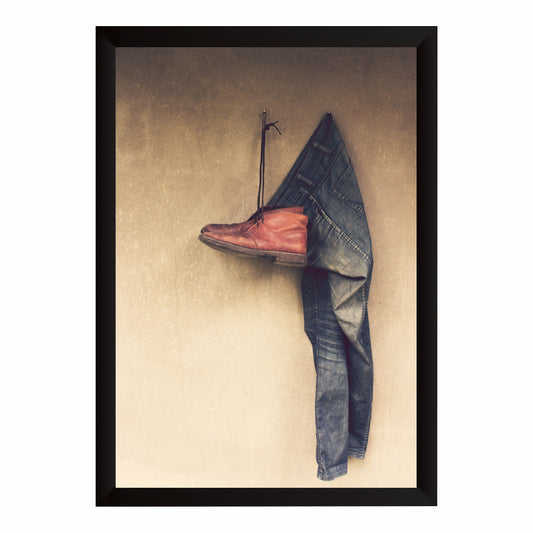 Shoe & Jeans Wall Art | Vintage Leather Shoe and Denim Artwork | Fashion Photography | Rustic Modern Wall Decor