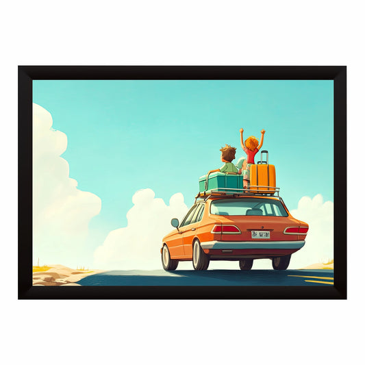 Family Road Trip Wall Art | Cartoon Travel Car Canvas Print | Adventure Vacation Illustration Poster