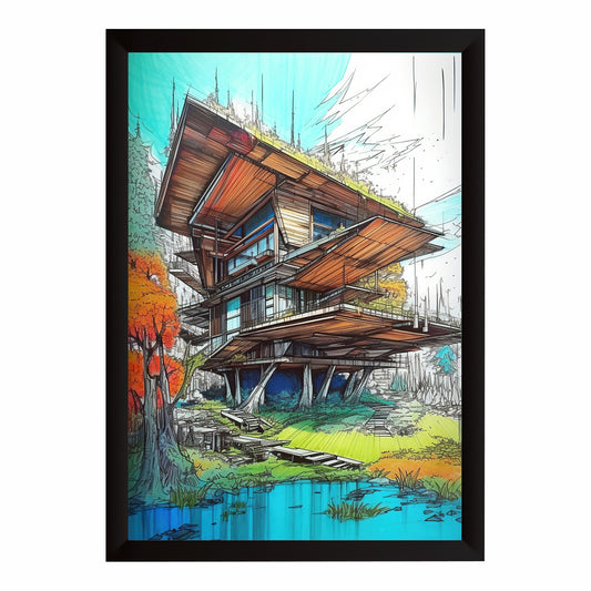 Modern Architecture Wall Art | Futuristic House Canvas | Architectural Sketch Decor