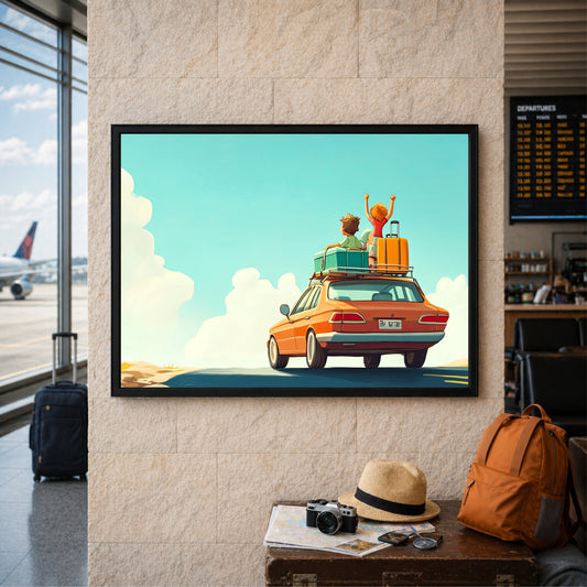 Family Road Trip Wall Art | Cartoon Travel Car Canvas Print | Adventure Vacation Illustration Poster