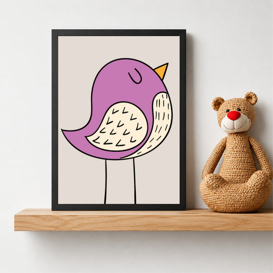 Cute Purple Bird Wall Art | Minimalist Nursery Animal Print