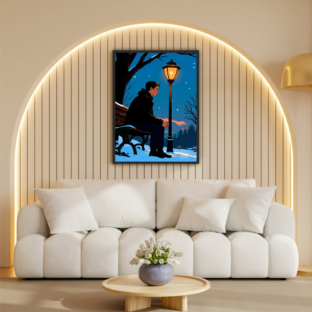 Lonely Winter Evening Wall Art | Man on Bench Under Street Lamp Artwork