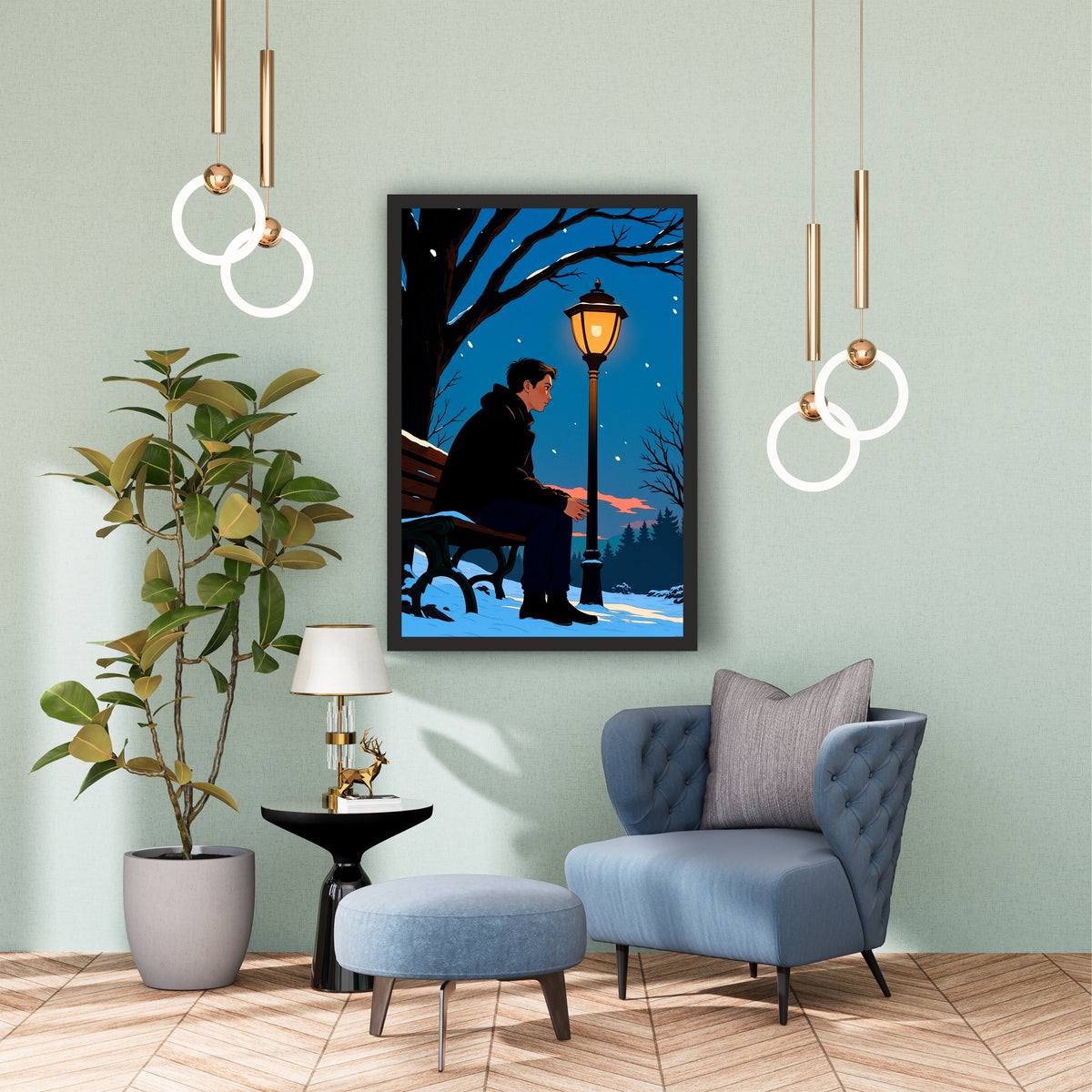 Lonely Winter Evening Wall Art | Man on Bench Under Street Lamp Artwork