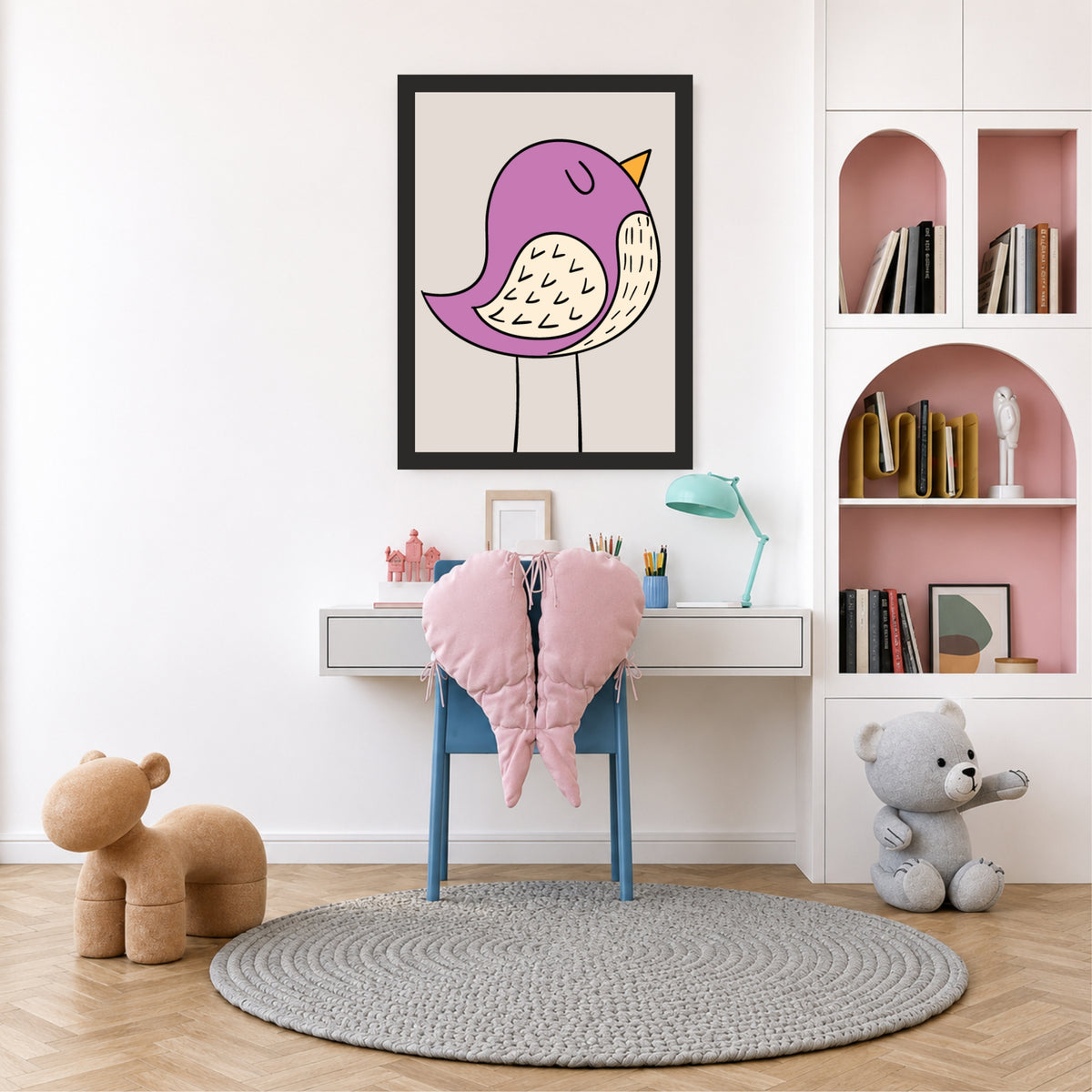 Cute Purple Bird Wall Art | Minimalist Nursery Animal Print