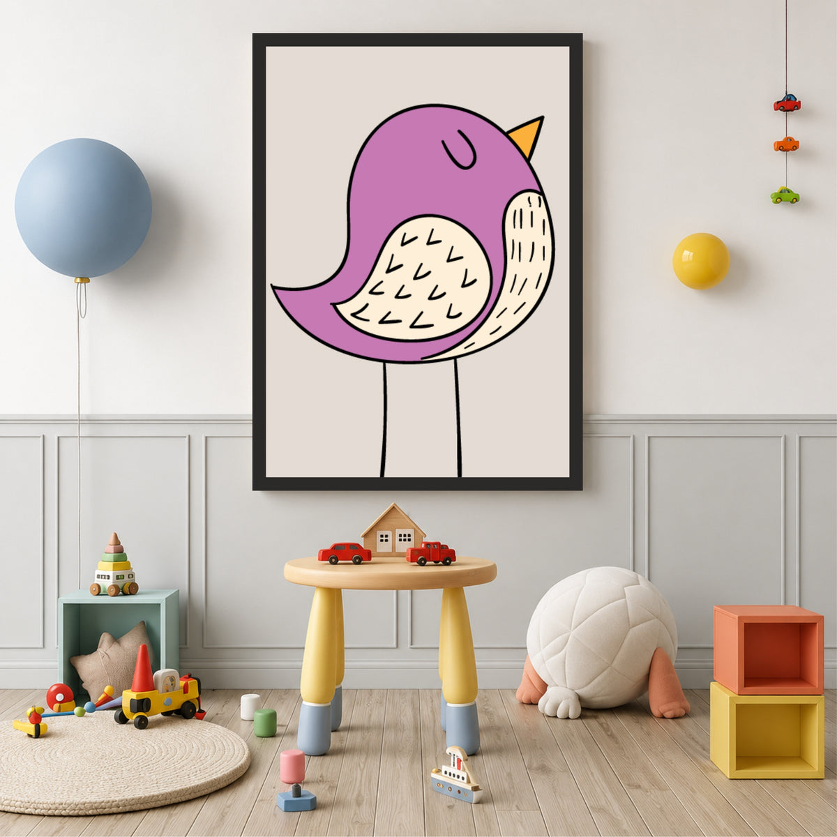 Cute Purple Bird Wall Art | Minimalist Nursery Animal Print